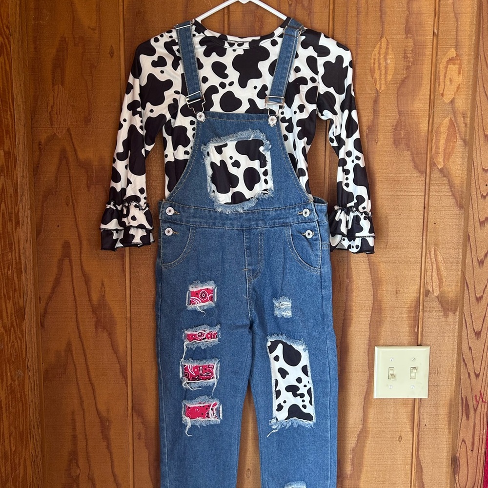Cow Print Top and Distressed Denim Overalls
